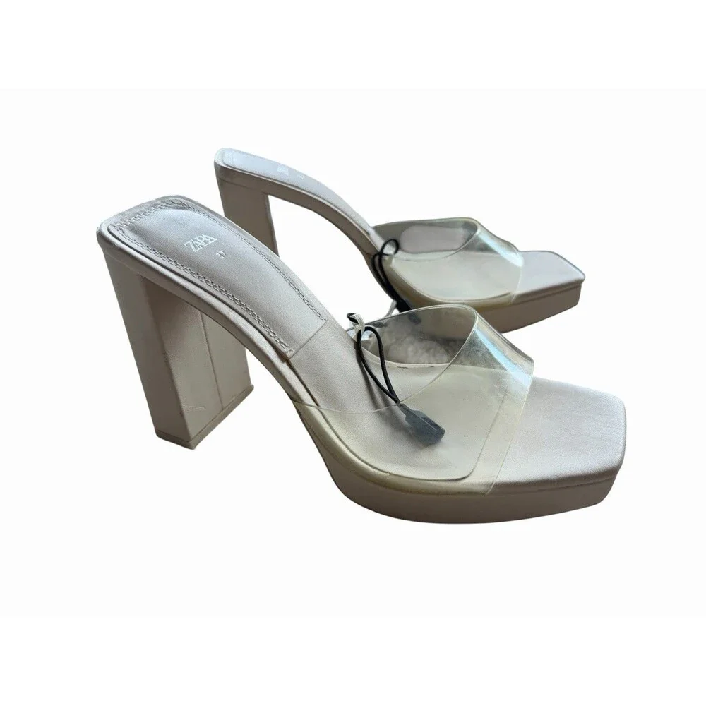 Zara Womens Square Toe Block Heels Size 37 6.5 Cream Wedding Bridesmaid Bridal